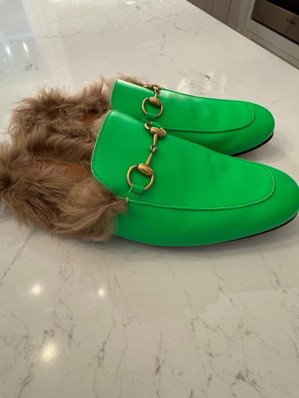 Gucci Fur-Lined Princetown Mule in Neon Green